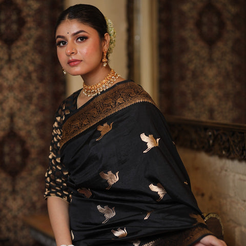 VastraLakshmi Desuetude Black Soft Silk Saree With Epiphany Blouse Piece