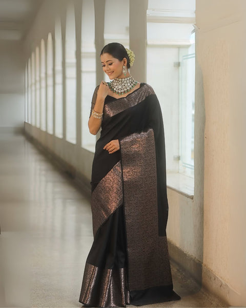 VastraLakshmi Beauteous Black Soft Silk Saree With Twirling Blouse Piece