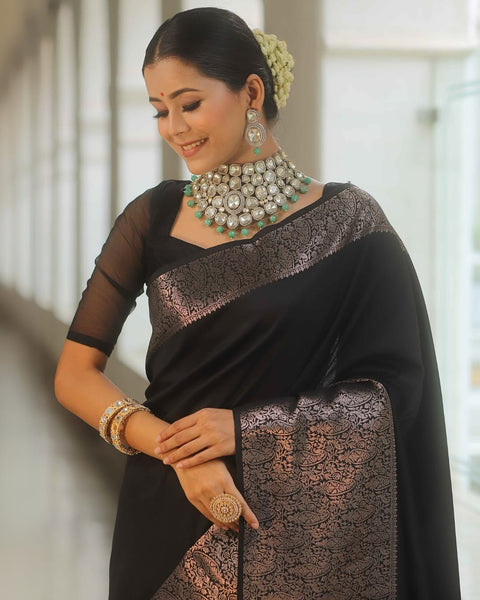 VastraLakshmi Beauteous Black Soft Silk Saree With Twirling Blouse Piece