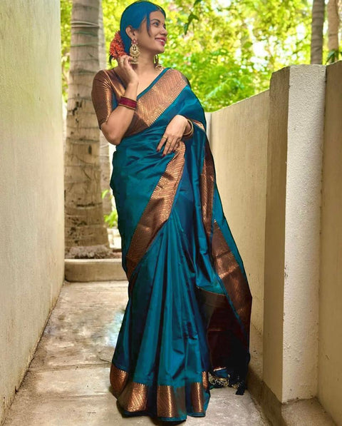 VastraLakshmi Twirling Rama Soft Silk Saree With Ebullience Blouse Piece