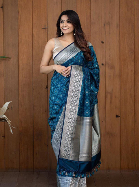 VastraLakshmi Diaphanous Teal Blue Soft Silk Saree With Elision Blouse Piece