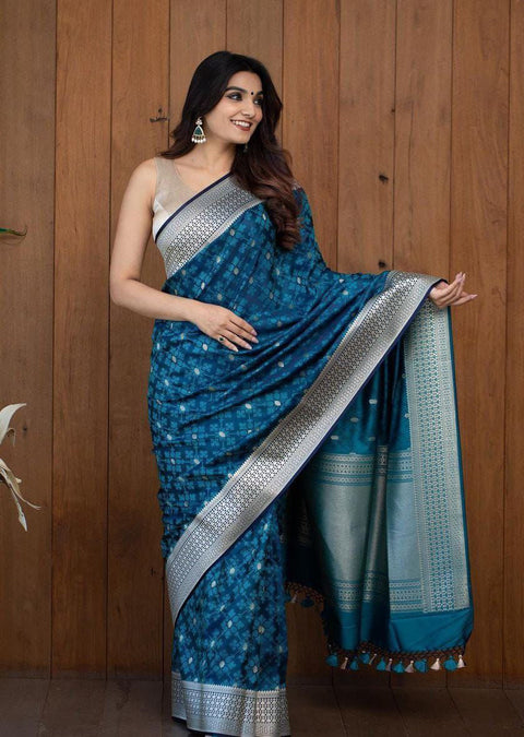 VastraLakshmi Diaphanous Teal Blue Soft Silk Saree With Elision Blouse Piece