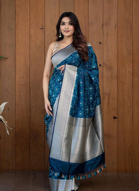 VastraLakshmi Diaphanous Teal Blue Soft Silk Saree With Elision Blouse Piece