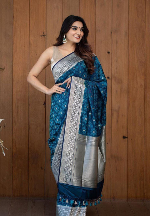 VastraLakshmi Diaphanous Teal Blue Soft Silk Saree With Elision Blouse Piece