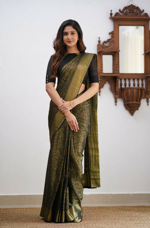 VastraLakshmi Magnetic Black Soft Silk Saree With Palimpsest Blouse Piece