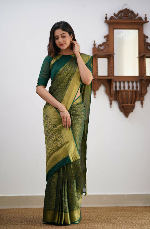 VastraLakshmi Gossamer Dark Green Soft Silk Saree With Diaphanous Blouse Piece