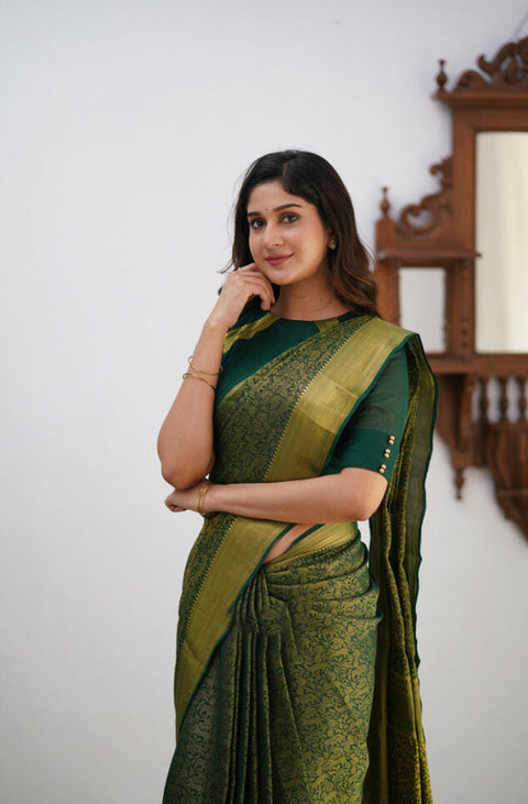 VastraLakshmi Gossamer Dark Green Soft Silk Saree With Diaphanous Blouse Piece