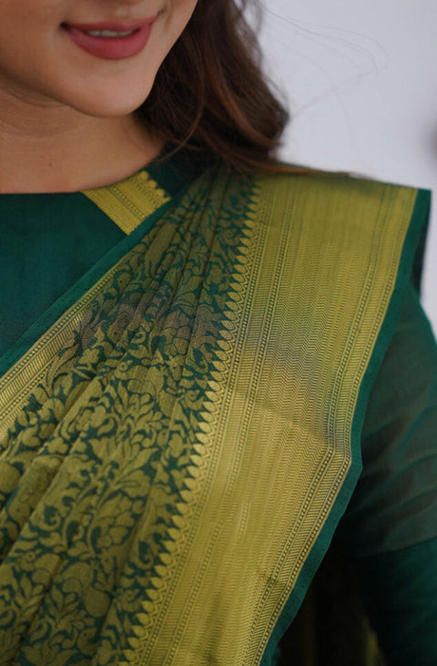 VastraLakshmi Gossamer Dark Green Soft Silk Saree With Diaphanous Blouse Piece