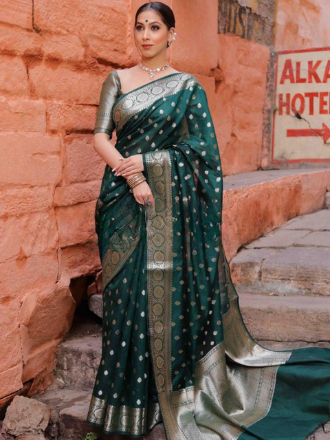 VastraLakshmi Assemblage Green Soft Silk Saree With Gossamer Blouse Piece