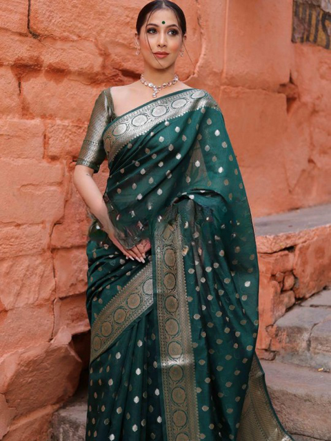 VastraLakshmi Assemblage Green Soft Silk Saree With Gossamer Blouse Piece