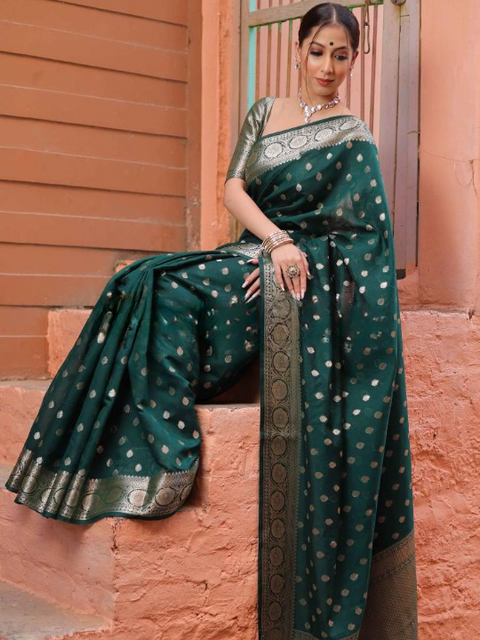 VastraLakshmi Assemblage Green Soft Silk Saree With Gossamer Blouse Piece