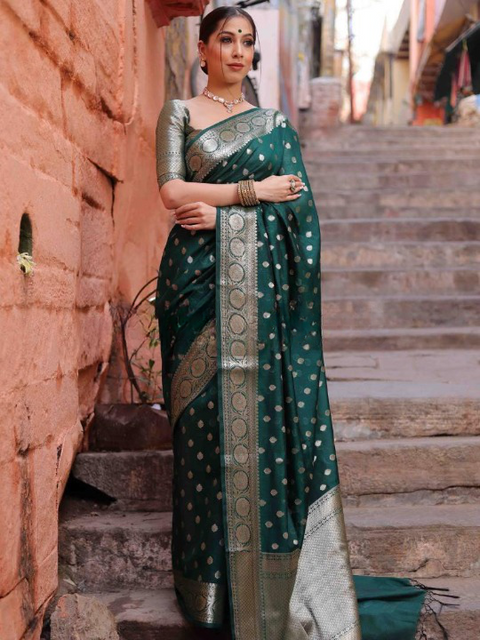 VastraLakshmi Assemblage Green Soft Silk Saree With Gossamer Blouse Piece