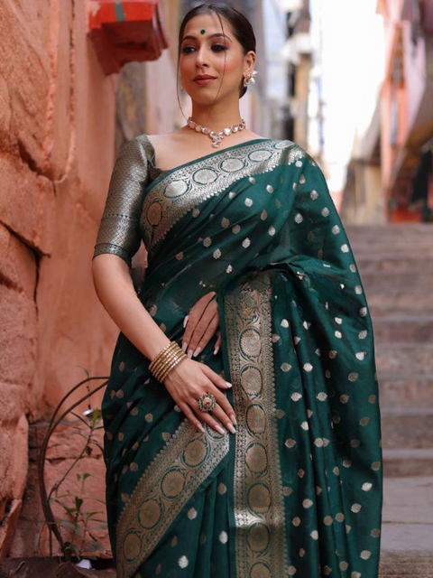 VastraLakshmi Assemblage Green Soft Silk Saree With Gossamer Blouse Piece