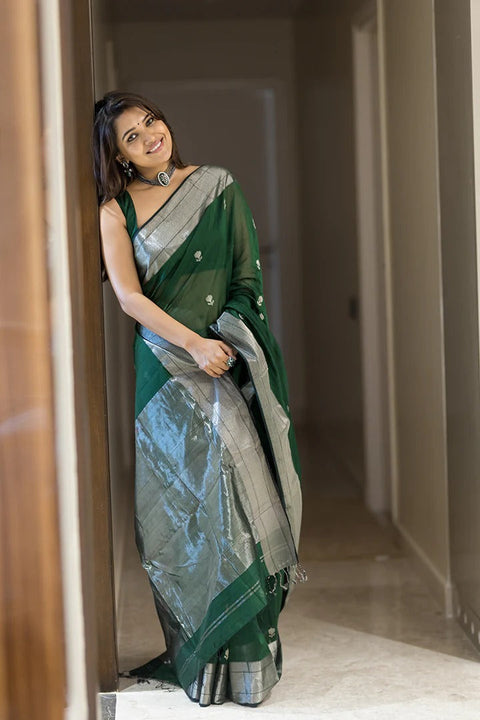 VastraLakshmi Incredible Green Cotton Silk Saree With Fantabulous Blouse Piece