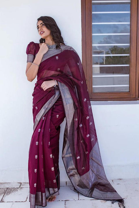 VastraLakshmi Staggering Wine Cotton Silk Saree With Ratatouille Blouse Piece