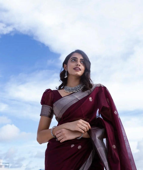 VastraLakshmi Staggering Wine Cotton Silk Saree With Ratatouille Blouse Piece