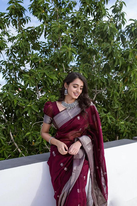 VastraLakshmi Staggering Wine Cotton Silk Saree With Ratatouille Blouse Piece