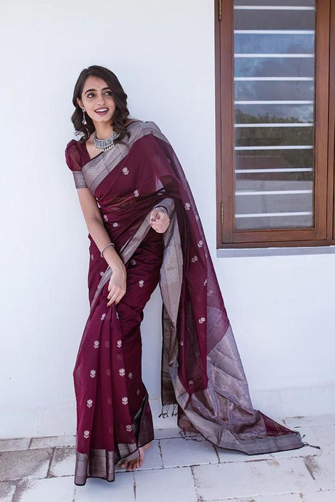 VastraLakshmi Staggering Wine Cotton Silk Saree With Ratatouille Blouse Piece