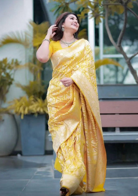 VastraLakshmi Jazzy Yellow Soft Silk Saree With Embellished Blouse Piece