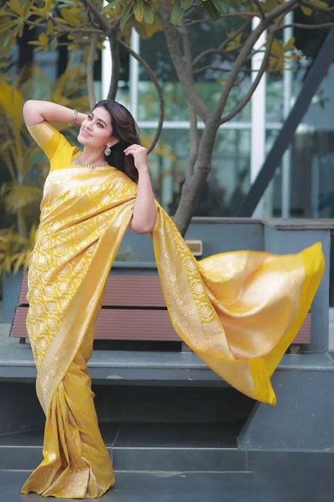 VastraLakshmi Jazzy Yellow Soft Silk Saree With Embellished Blouse Piece