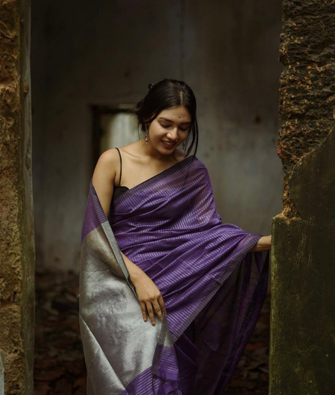 VastraLakshmi Glowing Purple Soft Banarasi Silk Saree With Skinny Blouse Piece