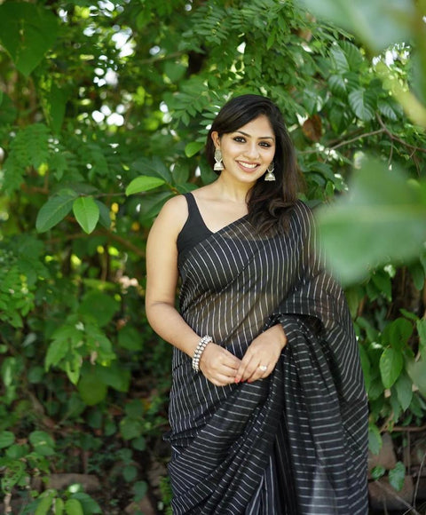 VastraLakshmi Intricate Black Soft Silk Saree With Whimsical Blouse Piece