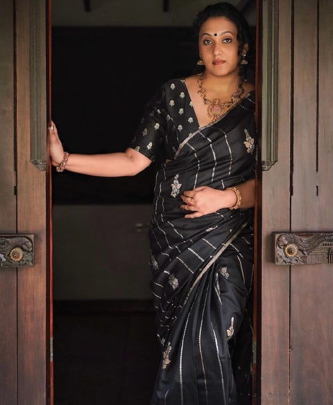 VastraLakshmi Transcendent Black Soft Silk Saree With Enigmatic Blouse Piece