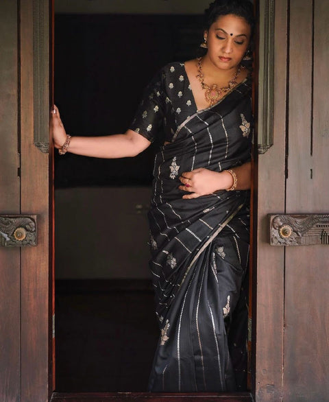 VastraLakshmi Transcendent Black Soft Silk Saree With Enigmatic Blouse Piece