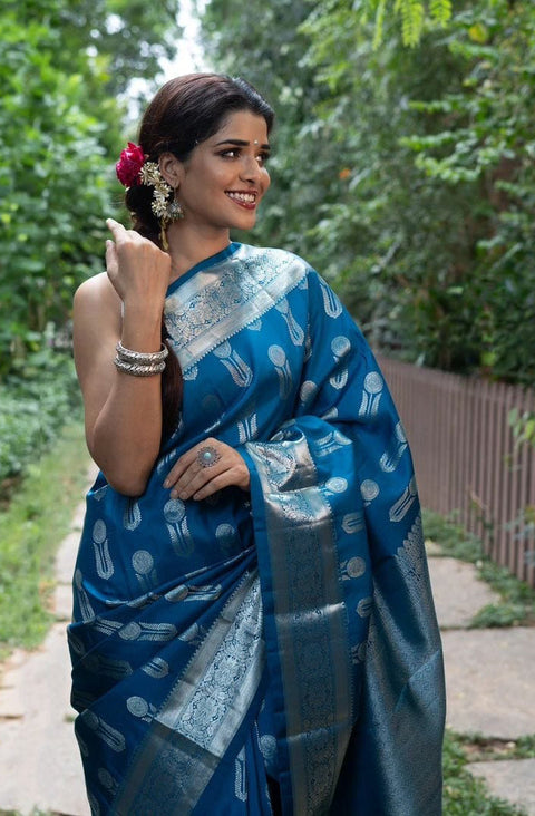 VastraLakshmi Ornate Blue Soft Silk Saree With Denouement Blouse Piece