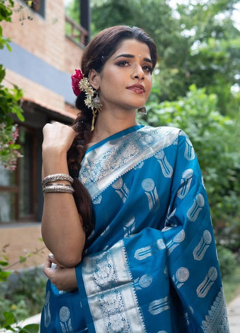 VastraLakshmi Ornate Blue Soft Silk Saree With Denouement Blouse Piece