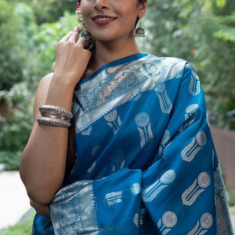 VastraLakshmi Ornate Blue Soft Silk Saree With Denouement Blouse Piece