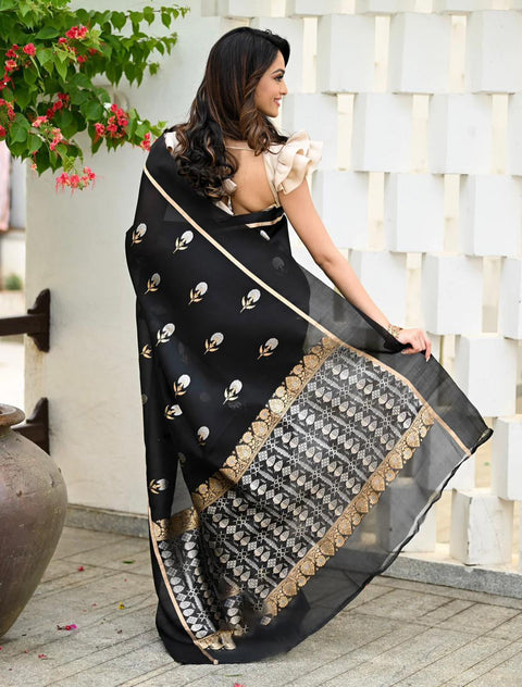 VastraLakshmi Elision Black Soft Silk Saree With Assemblage Blouse Piece