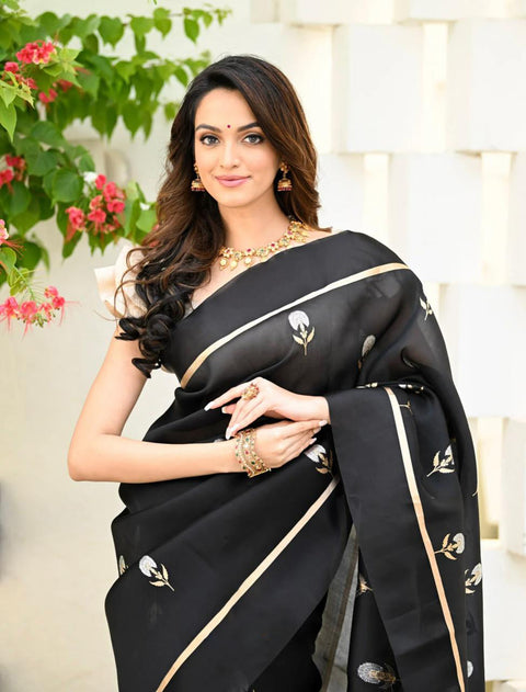 VastraLakshmi Elision Black Soft Silk Saree With Assemblage Blouse Piece