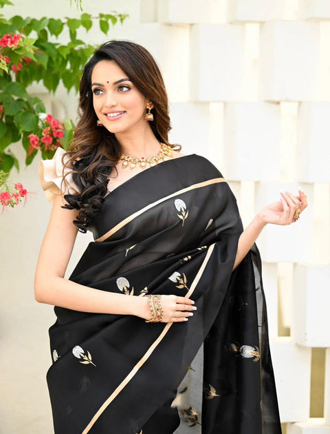 VastraLakshmi Elision Black Soft Silk Saree With Assemblage Blouse Piece