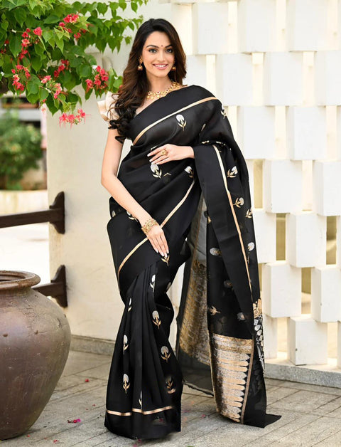 VastraLakshmi Elision Black Soft Silk Saree With Assemblage Blouse Piece