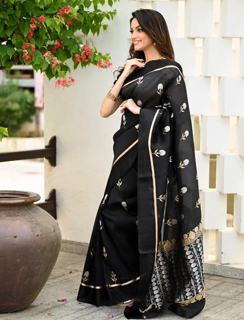 VastraLakshmi Elision Black Soft Silk Saree With Assemblage Blouse Piece