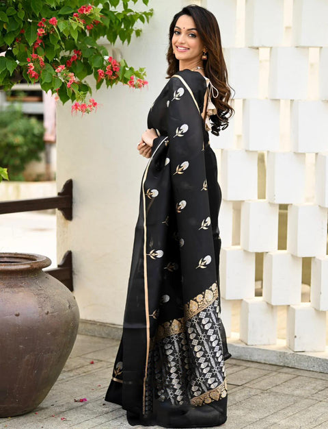 VastraLakshmi Elision Black Soft Silk Saree With Assemblage Blouse Piece