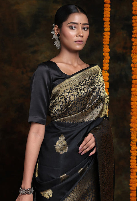 VastraLakshmi Beautiful Black Soft Silk Saree With Alluring Blouse Piece