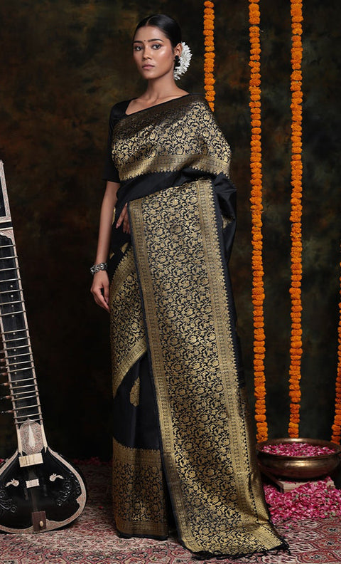 VastraLakshmi Beautiful Black Soft Silk Saree With Alluring Blouse Piece