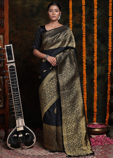 VastraLakshmi Beautiful Black Soft Silk Saree With Alluring Blouse Piece