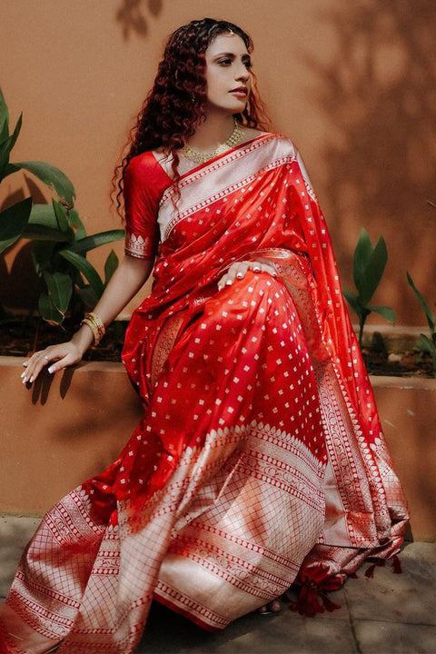 VastraLakshmi Intricate Red Soft Silk Saree With Delightful Blouse Piece