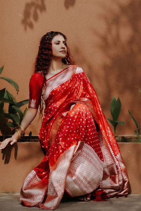 VastraLakshmi Intricate Red Soft Silk Saree With Delightful Blouse Piece