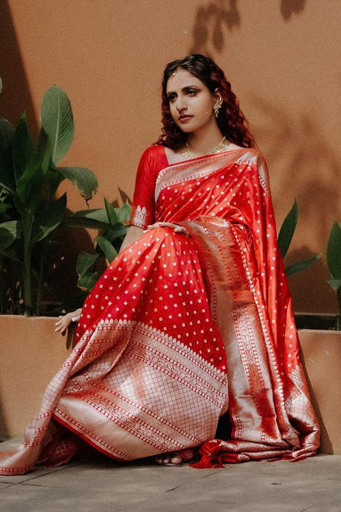 VastraLakshmi Intricate Red Soft Silk Saree With Delightful Blouse Piece