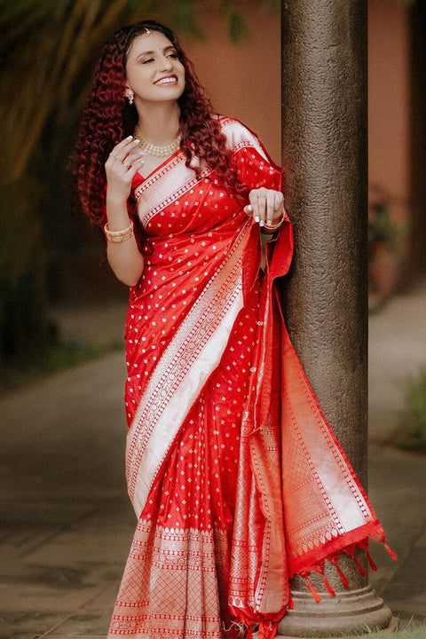 VastraLakshmi Intricate Red Soft Silk Saree With Delightful Blouse Piece