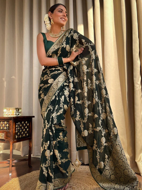 VastraLakshmi Ethnic Dark Green Soft Silk Saree With Unique Blouse Piece