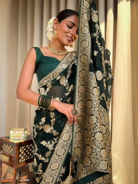 VastraLakshmi Ethnic Dark Green Soft Silk Saree With Unique Blouse Piece