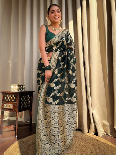 VastraLakshmi Ethnic Dark Green Soft Silk Saree With Unique Blouse Piece