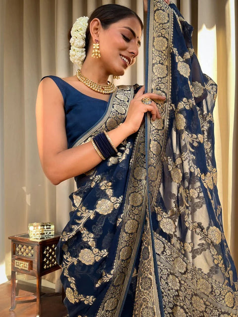 VastraLakshmi Classy Navy Blue Soft Silk Saree With Arresting Blouse Piece