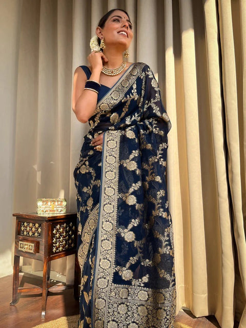 VastraLakshmi Classy Navy Blue Soft Silk Saree With Arresting Blouse Piece