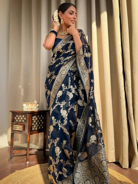 VastraLakshmi Classy Navy Blue Soft Silk Saree With Arresting Blouse Piece